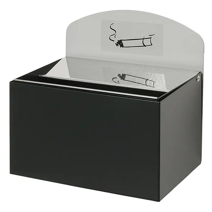 Proregal Aschenbecher - Robuster Wandascher mit Schild - Stahl, Anthrazit - Schwarzer rechteckiger Aschenbecher mit silberner Oberseite und weißer Rückwand mit rauchendem Zigarettensymbol.