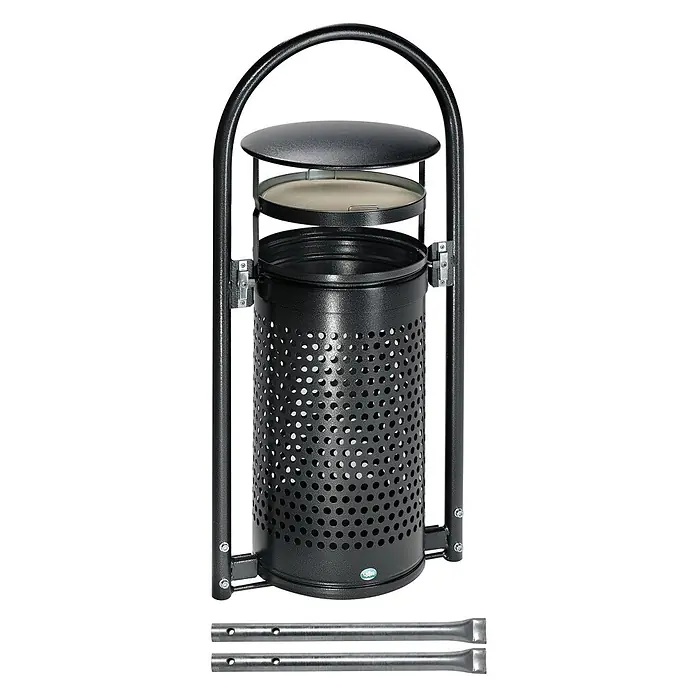 Proregal Asche-Mülleimer mit Rohrbogenständer + Aschereinsatz - 70 l, Stahl, Grau - Schwarzer perforierter Metallabfallbehälter mit integriertem Aschenbecher und Deckel.
