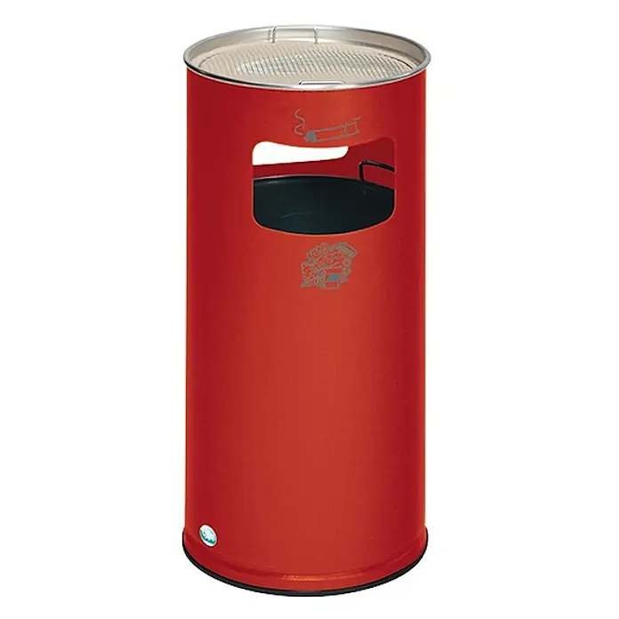 Proregal Asche-Mülleimer klassisch und rund - Stahl, Rot - Roter zylindrischer Ascher-Abfalleimer mit Metallrost oben und Zigarettensymbol.