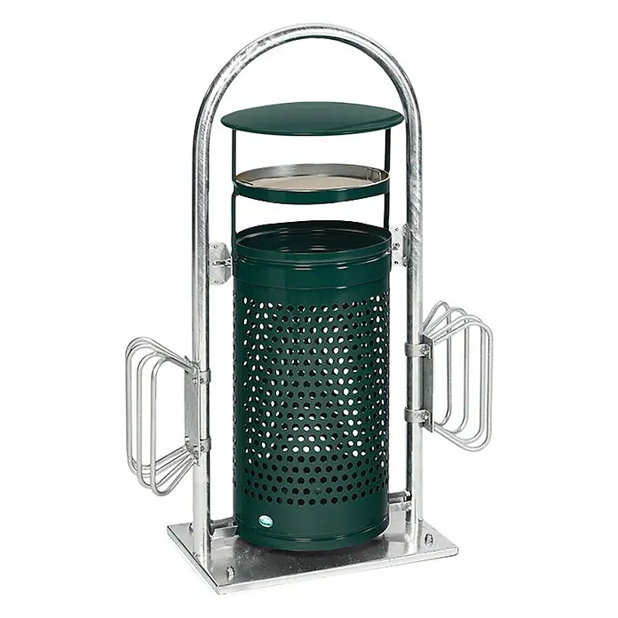 Proregal Asche-Mülleimer mit Rohrbogenständer + Aschereinsatz - 70 l, Stahl, Grün - Dunkelgrüner Abfalleimer aus Lochblech mit integriertem Ascher und Seitenablagen in verzinktem Stahlrahmen.