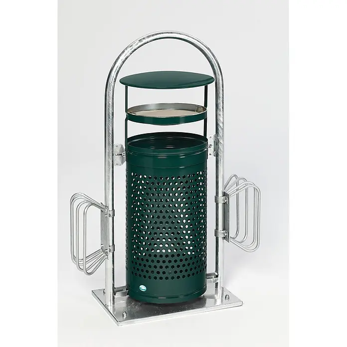 Proregal Asche-Mülleimer mit Rohrbogenständer + Aschereinsatz - 70 l, Stahl, Grün - Dunkelgrüner perforierter Abfallbehälter mit Aschenbecher und seitlichen Fahrradständern auf verzinktem Metallgestell.