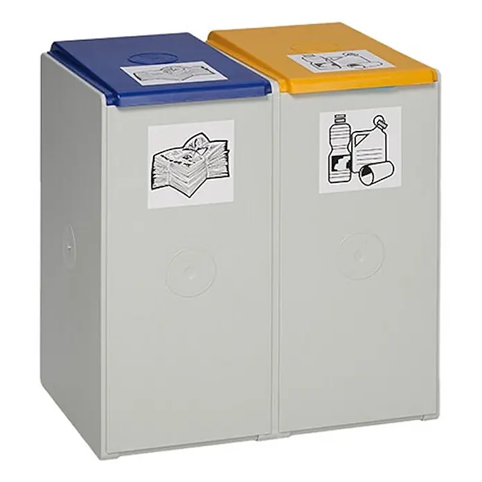 Proregal Mülltrennsystem - Robustes Abfall- und Wertstoffsammelsystem 2-Fach - 40 l, Grau - Zweifacher Recyclingbehälter aus hellgrauem Kunststoff mit blauem Deckel für Papier und gelbem Deckel für Kunststoff.