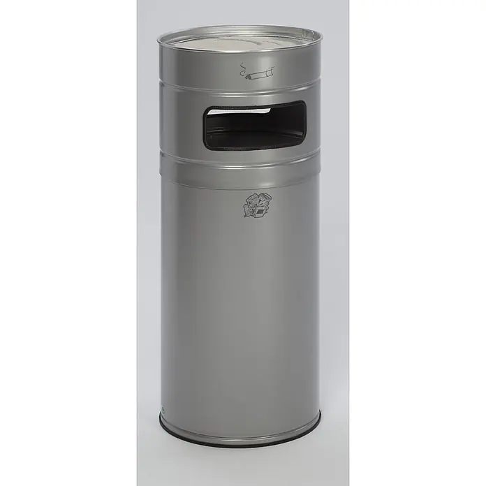 Proregal Asche-Mülleimer robust mit 2-Fach-Einwurf - 104 l, Stahl, Silber - Grauer zylindrischer Metall-Kombinationsbehälter mit integriertem Ascher und Abfallöffnung, mit Symbolen gekennzeichnet.