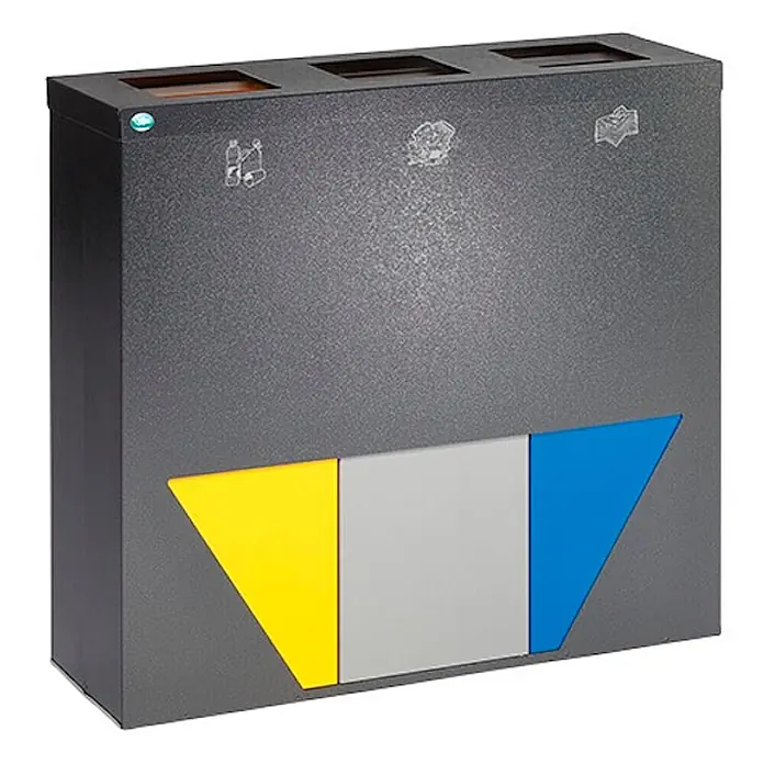 Proregal Wertstoffsammler robust mit 3 Einsätzen - 89 l - Dunkelgrauer Metall-Recyclingbehälter mit drei Fächern, gekennzeichnet durch gelbe, graue und blaue Bereiche, zur Mülltrennung.