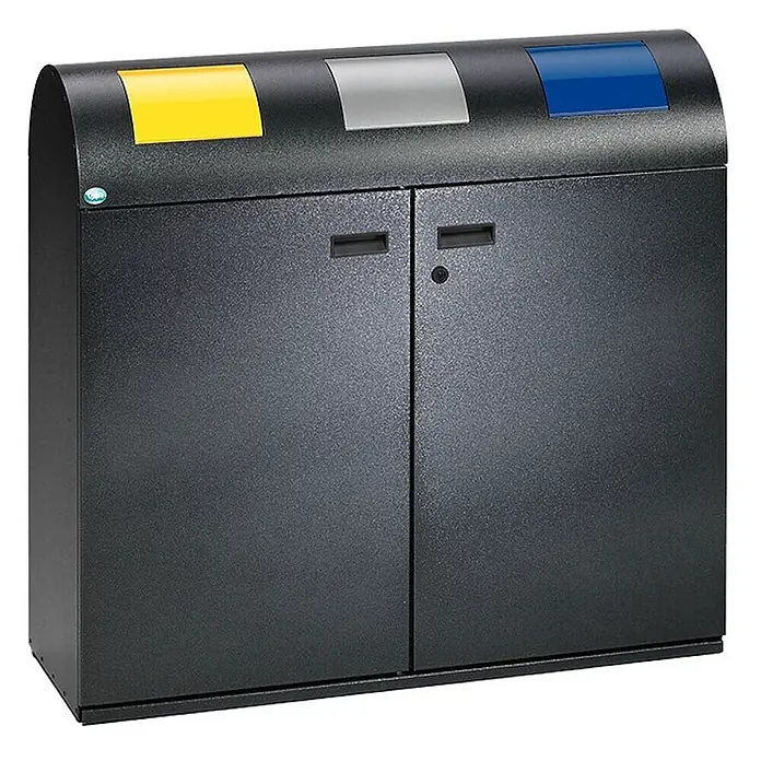 Proregal Wertstoffsammler selbstlöschend mit 3 Einsätzen - 37,5 x 108 x 99,5 cm, 80 l - Dunkelgraue Metall-Recyclingstation mit drei Sortierfächern, gekennzeichnet durch gelbe, graue und blaue Einwurfschlitze oben.