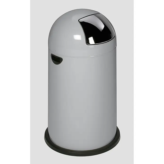 Proregal Standard Mülleimer klassisch mit Einwurfklappe & Inneneinsatz - 33 l, Stahl, Silber - Grauer Abfalleimer mit gewölbtem Deckel, schwarzer, gebogener Einwurfklappe und schwarzem Sockel.