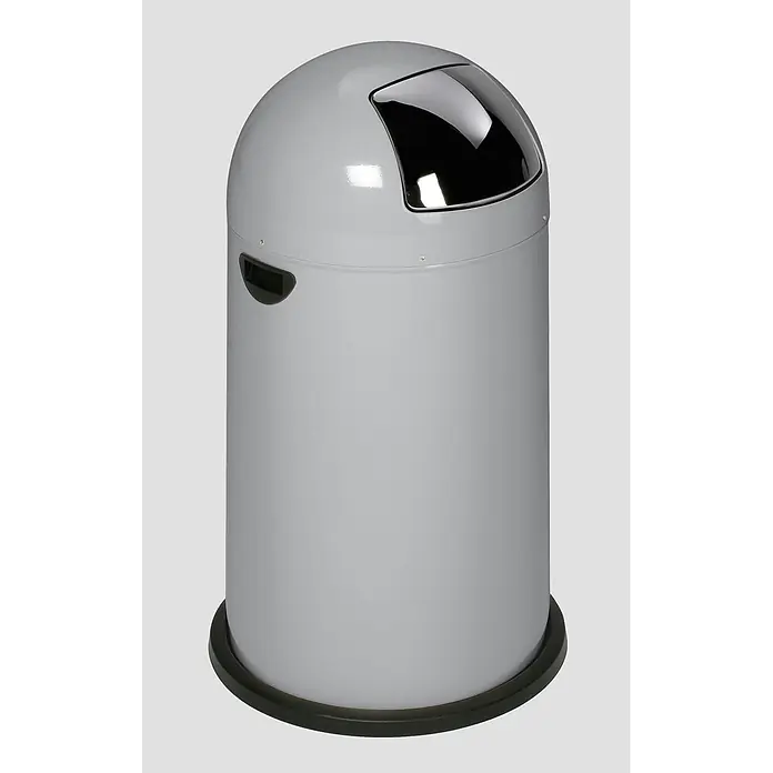Proregal Standard Mülleimer klassisch mit Einwurfklappe & Inneneinsatz - 33 l, Stahl, Silber - Grauer Abfalleimer mit gewölbtem Deckel, glänzender schwarzer Einwurfklappe und dunklem Sockel.