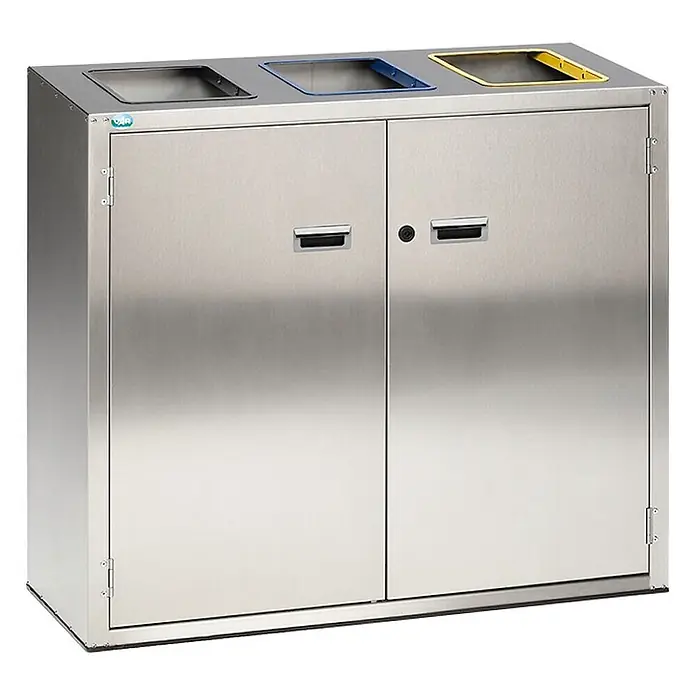 Proregal Mülltrennsystem - Wertstoffsortiersystem mit 3 farbigen Einwurfklappen - 127 l, Edelstahl, Edelstahl - Edelstahl-Mülltrennsystem mit drei oberen Fächern (schwarz, blau, gelb) und Doppeltüren.