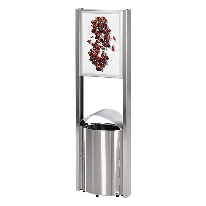 Proregal Standard Mülleimer - Robuster Standsammler mit Schutzdach & Werbefläche für den Außenbereich - 50 l, Edelstahl, Edelstahl - Schlanker Edelstahl-Außenaschenbecher und Mülleimer-Kombination mit Anzeigetafel.