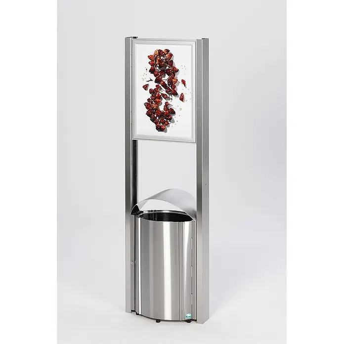 Proregal Standard Mülleimer - Robuster Standsammler mit Schutzdach & Werbefläche für den Außenbereich - 50 l, Edelstahl, Edelstahl - Silberner Abfallbehälter mit gewölbtem Deckel und integriertem Display mit roten Paprika.