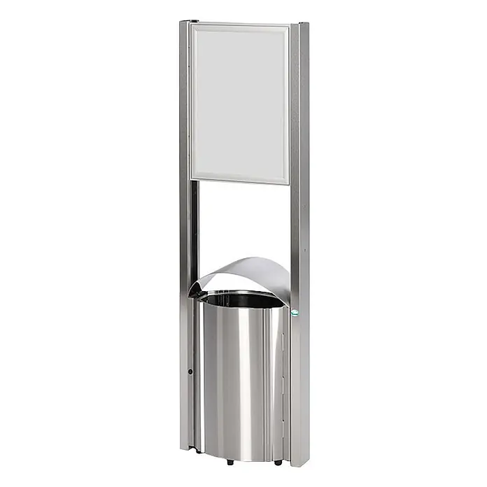 Proregal Standard Mülleimer - Robuster Standsammler mit Schutzdach & Werbefläche für den Außenbereich - 50 l, Edelstahl, Edelstahl - Hoher, eleganter Edelstahl-Abfallbehälter mit gebogener Einwurföffnung und integriertem Werbedisplay.