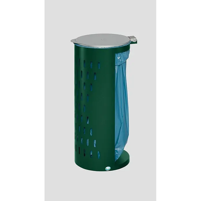Proregal Standard-Mülleimer kompakt und gelocht mit Deckel - Stahl, Grün - Dunkelgrüner zylindrischer Abfalleimer mit geschlitzten Perforationen, einem silbernen Deckel und einem sichtbaren blauen Müllsack.