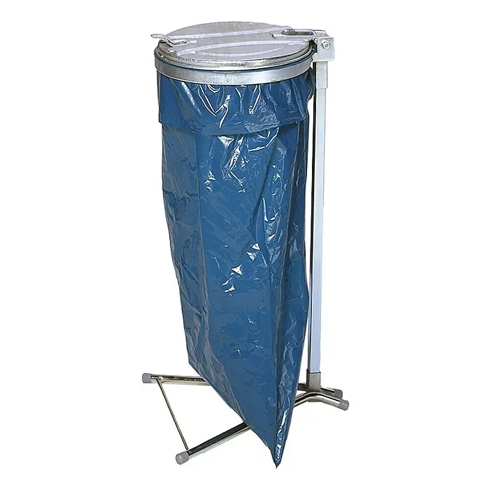 Proregal Standard-Mülleimer - Robuster Einzel-Abfallsammler mit Metall-Deckel - Stahl, Verzinkt-Verzinkt - Metallgestell für Müllsäcke mit aufklappbarem Metalldeckel und großem blauem Kunststoffsack.