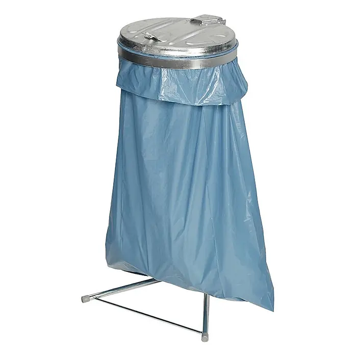 Proregal Standard-Mülleimer - Robuster Einzel-Abfallsammler mit Metall-Deckel - Stahl, Verzinkt-Verzinkt - Blauer Müllsack aus Plastik in einem Metallständer mit silbernem Deckel.