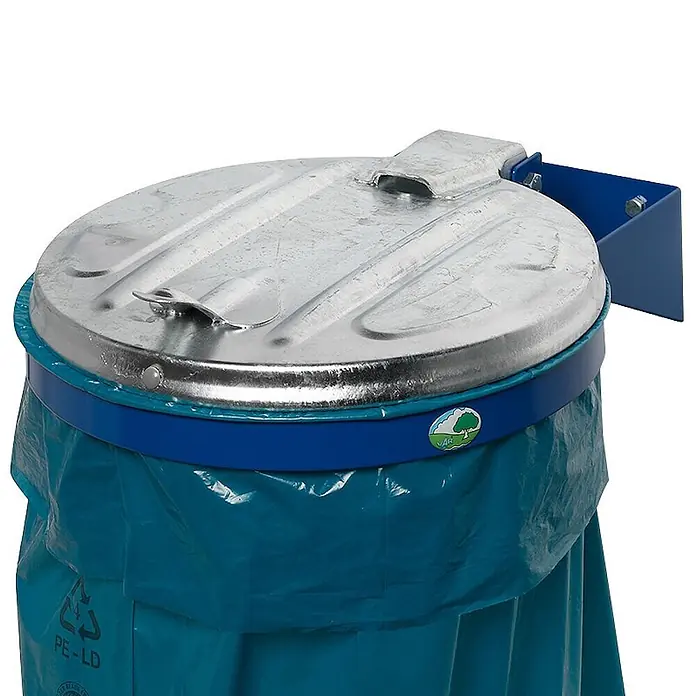 Proregal Standard-Mülleimer - Robuster Einzel-Abfallsammler mit Metall-Deckel - Stahl, Blau-Verzinkt - Blauer Müllbeutel mit blauem Haltering und verzinktem Metalldeckel, befestigt an einem blauen Wandhalter.