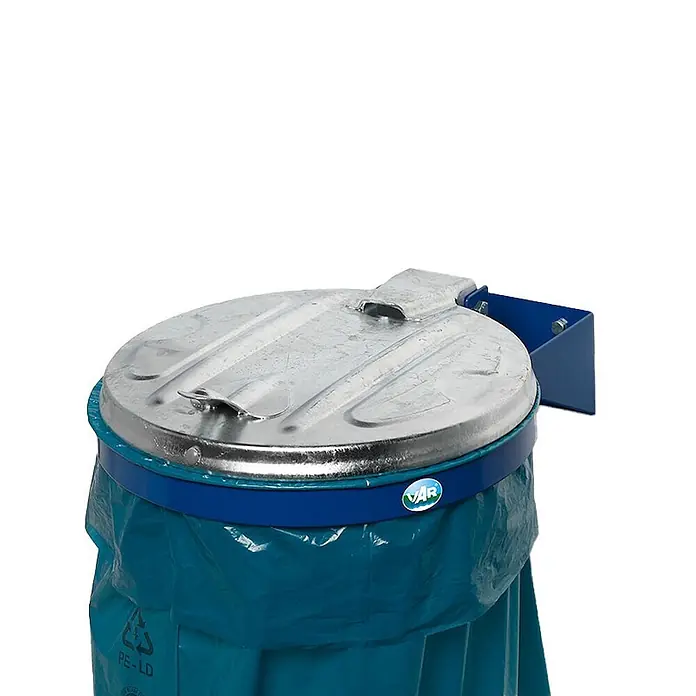 Proregal Standard-Mülleimer - Robuster Einzel-Abfallsammler mit Metall-Deckel - Stahl, Blau-Verzinkt - Verzinkter Mülleimerdeckel mit blauem Rand und Halterung, darunter ein türkisfarbener Müllsack.