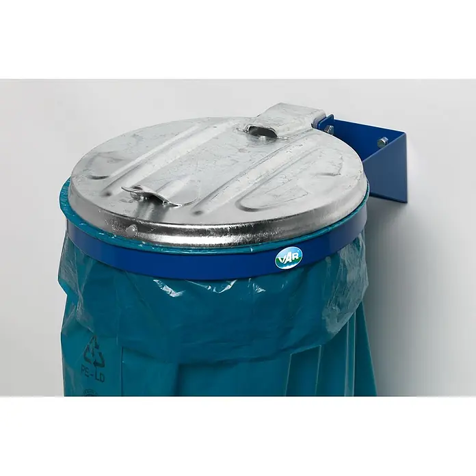 Proregal Standard-Mülleimer - Robuster Einzel-Abfallsammler mit Metall-Deckel - Stahl, Blau-Verzinkt - Blauer Wandabfallsackhalter mit verzinktem Deckel, blauem Ring und blauem Müllsack.