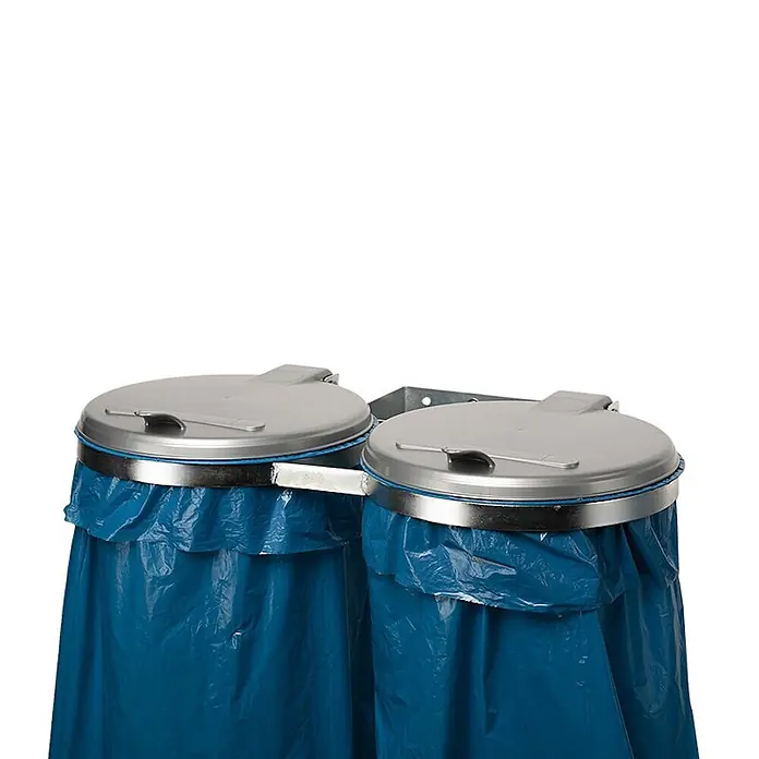 Proregal Standard-Mülleimer - Robuster Doppel-Abfallsammler mit Kunststoff-Deckel - Stahl, Verzinkt-Silber - Zwei Metallsackhalter mit blauen Müllsäcken und grauen Deckeln.