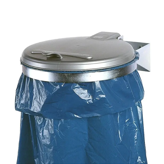 Proregal Standard-Mülleimer - Robuster Einzel-Abfallsammler mit Kunststoff-Deckel - Stahl, Verzinkt-Silber - Silberner Wandmüllsackhalter mit Deckel und blauem Plastiksack.