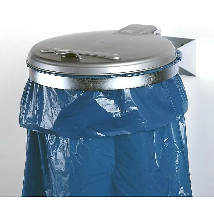 Proregal Standard-Mülleimer - Robuster Einzel-Abfallsammler mit Kunststoff-Deckel - Stahl, Verzinkt-Silber - Wandmontierter, silberfarbener Müllbeutelhalter mit geschlossenem Deckel, der einen ausgedehnten blauen Plastikmüllsack hält.