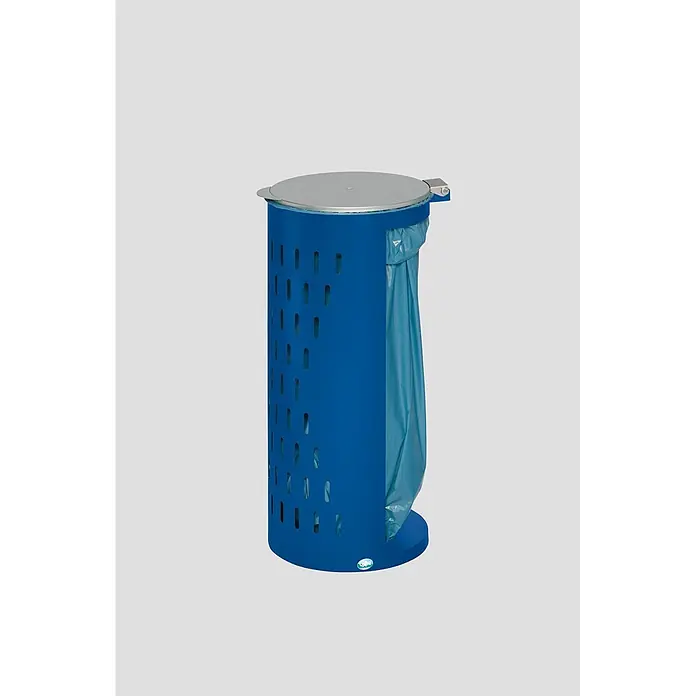 Proregal Standard-Mülleimer kompakt und gelocht mit Deckel - Stahl, Blau - Blauer, zylindrischer Abfalleimer mit Perforationen, silbernem Deckel und sichtbarem blauem Müllsack.