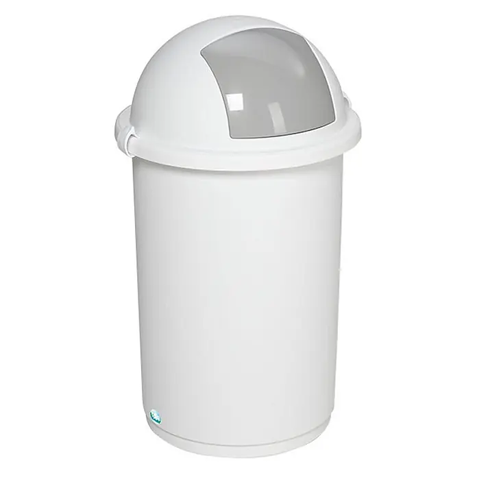 Proregal Standard Mülleimer robust mit Einwurfklappe - 50 l, Weiß - Weißer Papierkorb aus Kunststoff mit grauem, gewölbtem Schwingdeckel.