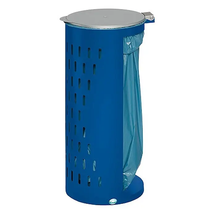 Proregal Standard-Mülleimer kompakt und gelocht mit Deckel - Stahl, Blau - Blauer zylindrischer Abfallbehälter mit Schlitzdesign, silbernem Deckel und sichtbarem blauen Müllsack.