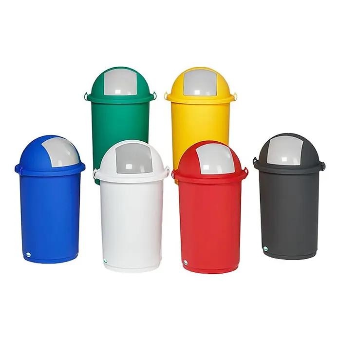 Proregal Standard Mülleimer robust mit Einwurfklappe - 50 l, Weiß - Sechs farbige Kunststoff-Recyclingbehälter mit gewölbten Einwurfklappen in Blau, Weiß, Grün, Gelb, Rot und Dunkelgrau.