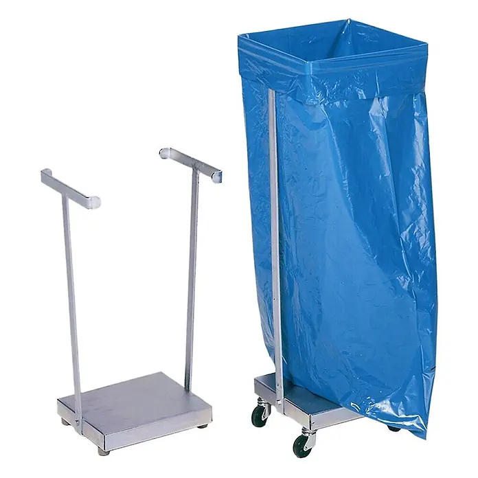 Proregal Standard Mülleimer kompakt mit 2 Stäben - 60 l, Stahl, Grau - Zwei Metall-Müllsackständer, einer mit Rollen und blauem Müllsack, der andere stationär.
