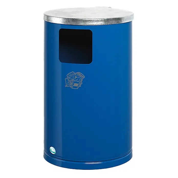 Proregal Standard Mülleimer zur Wand- oder Rohrbefestigung - 30 l, Stahl, Blau - Blauer zylindrischer Abfallbehälter mit Metalldeckel und rechteckiger Einwurföffnung.