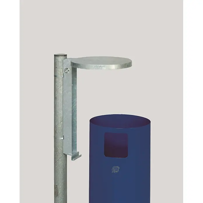 Proregal Standard Mülleimer zur Wand- oder Rohrbefestigung - 30 l, Stahl, Blau - Blauer zylindrischer Abfallbehälter mit quadratischer Öffnung, kombiniert mit einem verzinkten Metallpfosten mit runder Ablage.