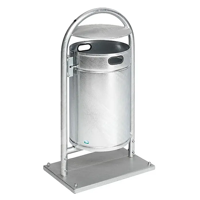 Proregal Standard Mülleimer robuster Rohrbogenständer für Abfälle - 60 l, Stahl, Feuerverzinkt - Mülleimer aus verzinktem Stahl auf stabilem Metallständer, mit fester Teilabdeckung, silberfarben.
