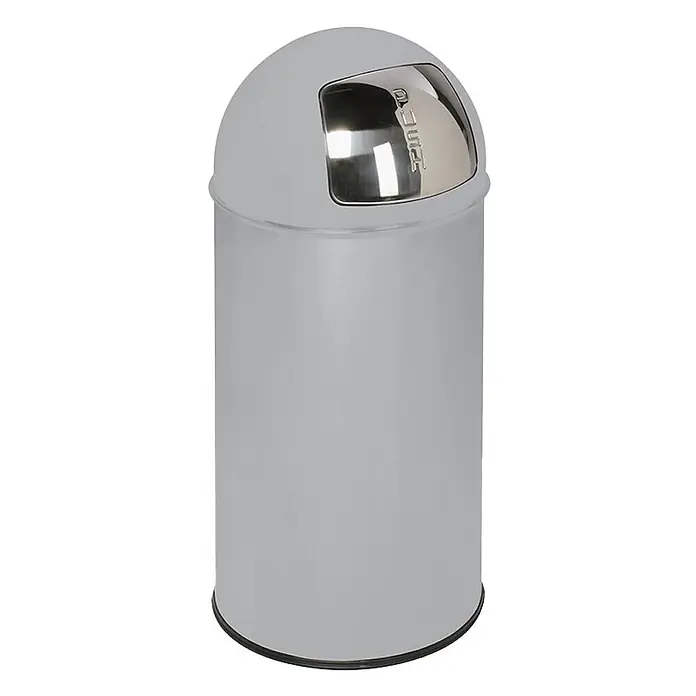 Proregal Standard-Mülleimer klassisch mit Einwurfklappe & Inneneinsatz - 35 l, Stahl, Silber - Grauer zylindrischer Abfalleimer mit gewölbtem Deckel und silberner "PUSH"-Klappe zum Entsorgen.