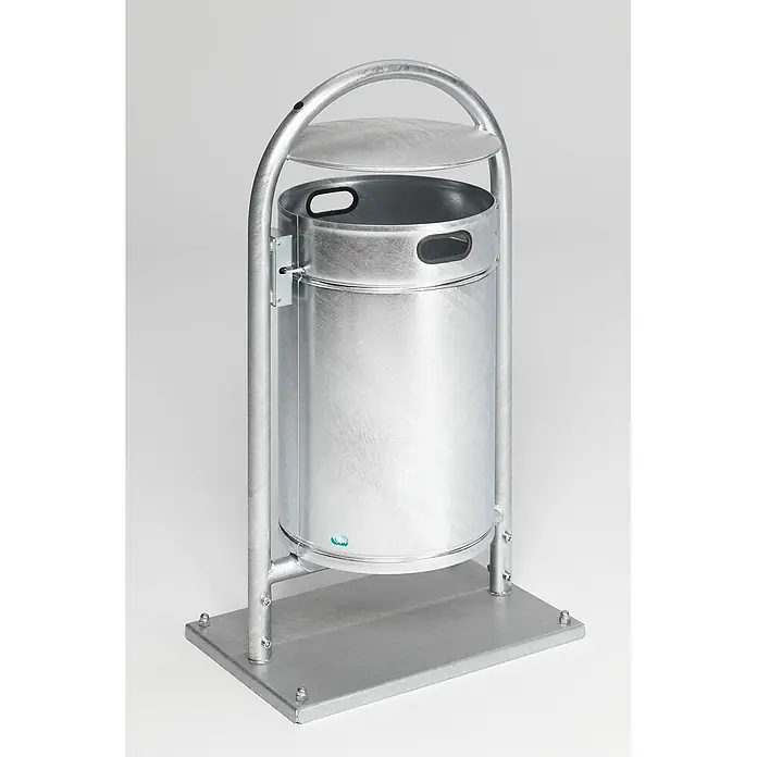 Proregal Standard Mülleimer robuster Rohrbogenständer für Abfälle - 60 l, Stahl, Feuerverzinkt - Verzinkter Stahl-Abfallbehälter für den Außenbereich mit rundem Behälter und stabilem silbernen Metallrahmen.