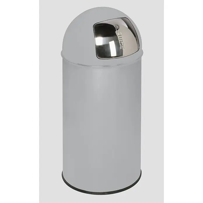 Proregal Standard-Mülleimer klassisch mit Einwurfklappe & Inneneinsatz - 35 l, Stahl, Silber - Grauer Metallmülleimer mit gewölbtem Deckel und verchromter „PUSH“-Einwurfklappe.