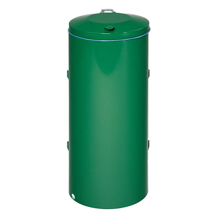 Proregal Standard-Mülleimer robust mit Deckel & Doppeltür - 150 l, Stahl, Smaragdgrün - Grüner zylindrischer Komposter mit Deckel und blauem Band.