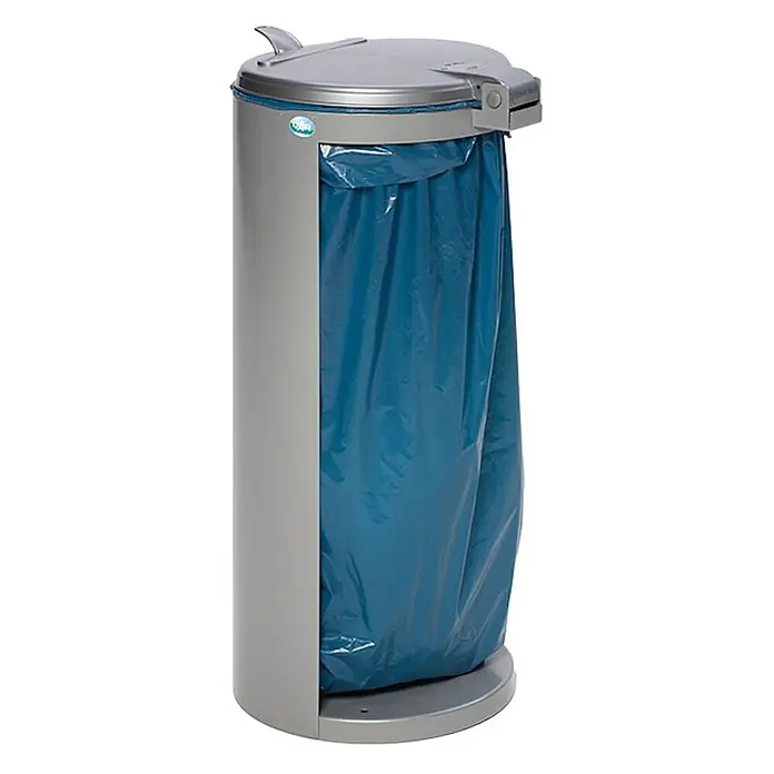 Proregal Standard-Mülleimer Junior kompakt mit Deckel - Stahl, Silber - Grauer zylindrischer Abfalleimer mit teiloffener Vorderseite, der einen blauen Müllsack zeigt. Mit silbernem Deckel.