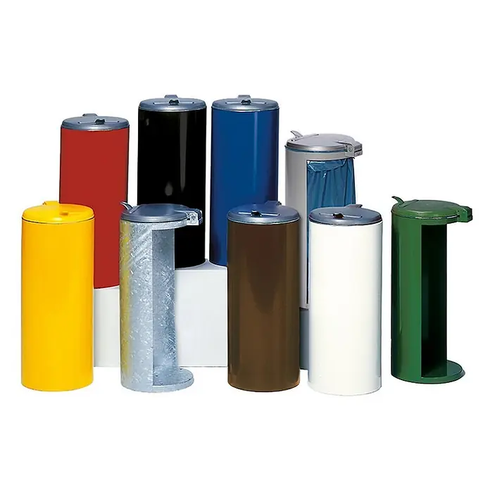 Proregal Standard-Mülleimer Junior kompakt mit Deckel - Stahl, Gelb - Sortiment zylindrischer Abfallbehälter in verschiedenen Farben (Gelb, Rot, Schwarz, Blau, Braun, Weiß, Grün, verzinkt) mit verschiedenen Deckeltypen.