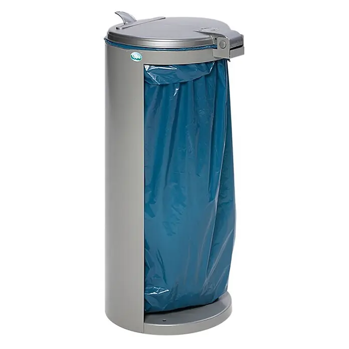 Proregal Standard-Mülleimer Junior kompakt mit Deckel - Stahl, Silber - Grauer zylindrischer Abfalleimer mit silbernem Deckel und sichtbarem blauem Müllsack. Das Design ermöglicht einfachen Beutelzugang.