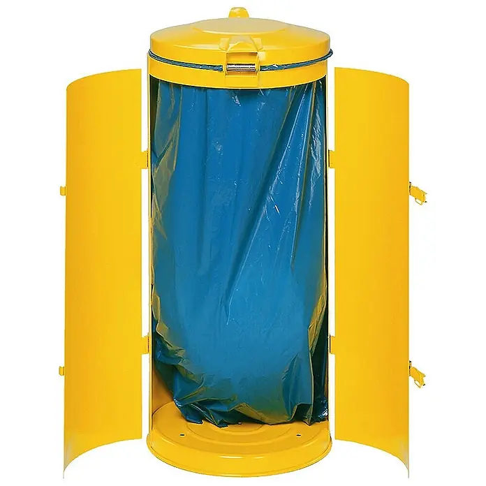 Proregal Standard Mülleimer robust mit Deckel & Doppeltür - 150 l, Stahl, Gelb - Gelber zylindrischer Abfallbehälter mit offenem Deckel und Seitenwänden, der einen blauen Kunststoffsack zeigt.