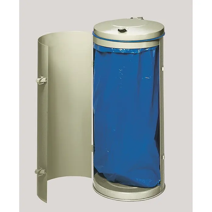 Proregal Standard-Mülleimer robust mit Deckel & Einflügeltür - 120 l, Stahl, Grau - Silberfarbener Abfallbehälter mit offener Seitenklappe, der einen blauen Müllsack und einen abnehmbaren Deckel zeigt.