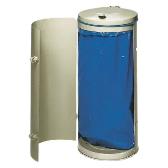 Proregal Standard-Mülleimer robust mit Deckel & Einflügeltür - 120 l, Stahl, Grau - Beigefarbener zylindrischer Abfallbehälter mit geöffneter Seitenklappe, die einen blauen Müllbeutel zeigt.