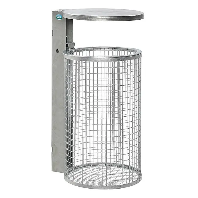 Proregal Standard-Mülleimer zur Wand- oder Rohrbefestigung - Stahl, Feuerverzinkt - Wandmontierter Drahtgitter-Abfallbehälter mit aufklappbarem Metalldeckel in verzinkter Ausführung.