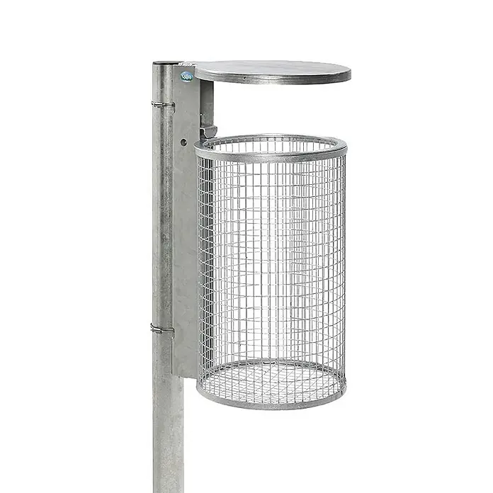 Proregal Standard-Mülleimer zur Wand- oder Rohrbefestigung - Stahl, Feuerverzinkt - Mülleimer aus verzinktem Stahlgeflecht, stangenmontiert, mit rundem Deckel.