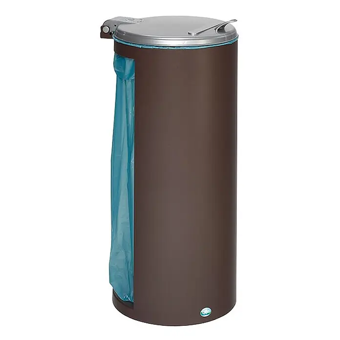 Proregal Standard-Mülleimer Junior kompakt mit Deckel - Stahl, Braun - Brauner zylindrischer Mülleimer mit silbernem Deckel und blauem Müllsack, sichtbar durch eine Seitenöffnung.