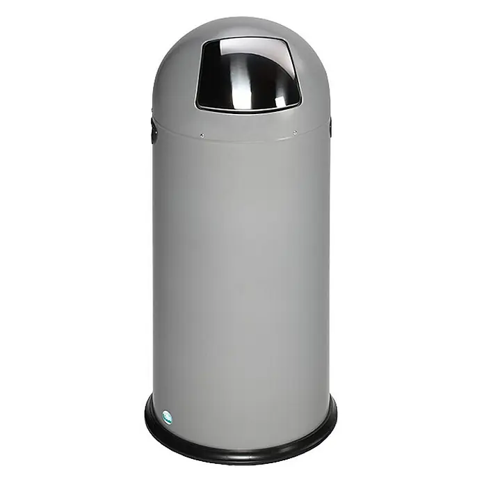 Proregal Standard Mülleimer klassisch mit Einwurfklappe & Inneneinsatz - 52 l, Stahl, Silber - Grauer zylindrischer Abfallbehälter mit gewölbtem Deckel und glänzender Chrom-Schwingklappe.