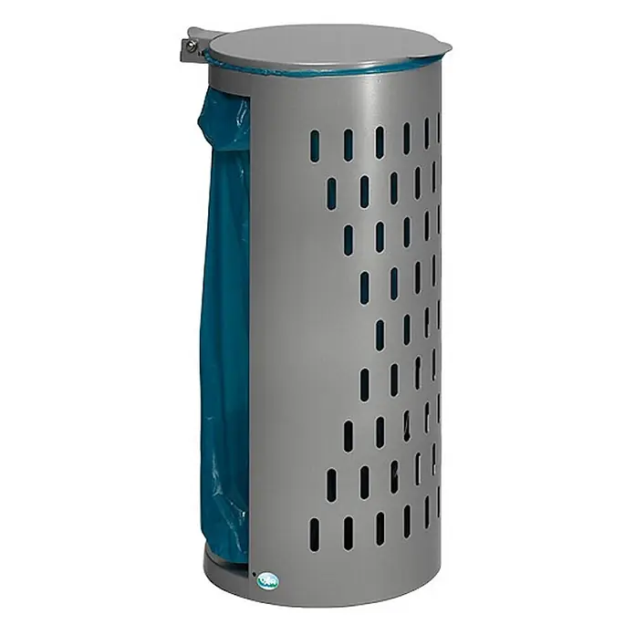 Proregal Standard-Mülleimer kompakt und gelocht mit Deckel - Stahl, Silber - Grauer zylindrischer perforierter Abfalleimer mit sichtbarem blauem Müllsack und Deckel.