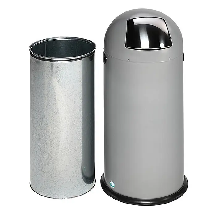 Proregal Standard Mülleimer klassisch mit Einwurfklappe & Inneneinsatz - 52 l, Stahl, Silber - Grauer Abfalleimer mit Kuppeldeckel und Chromöffnung, daneben der verzinkte Inneneimer.