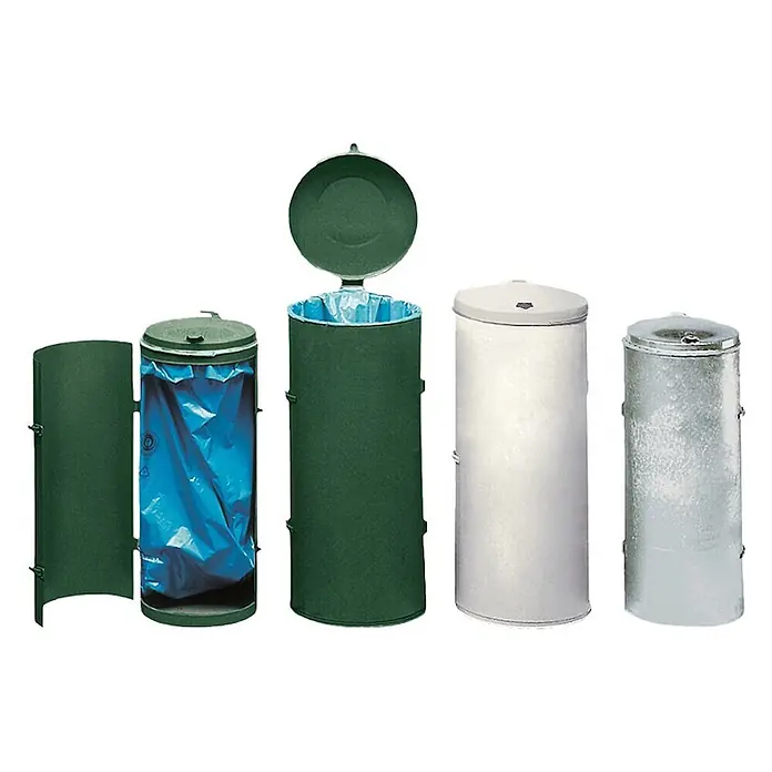 Proregal Standard-Mülleimer robust mit Deckel & Einflügeltür - 70 l, Stahl, Grün - Fünf zylindrische Mülleimer: grün, weiß und verzinkt, teilweise mit blauen Müllsäcken, offenem Deckel oder teilweise zerlegt gezeigt.