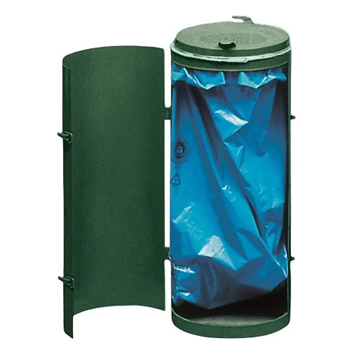 Proregal Standard-Mülleimer robust mit Deckel & Einflügeltür - 70 l, Stahl, Grün - Dunkelgrüner Abfalleimer für den Außenbereich mit aufklappbarer Seitenwand und blauem Müllsack darin.